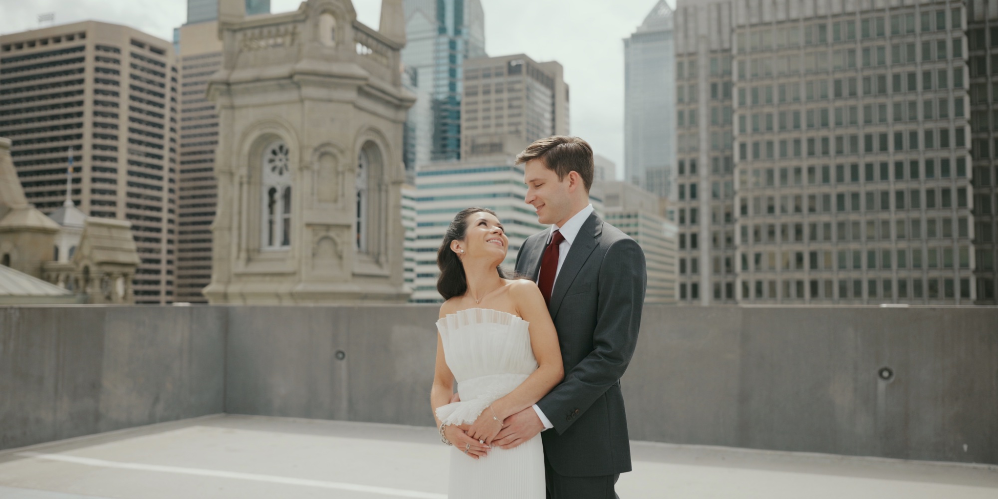 Grace and Chris rooftop wedding portrait Philadelphia USA by Alistair Kings
